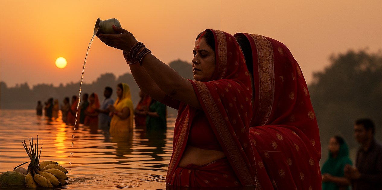 छठ पर्वको मुख्य दिन: अस्ताउँदो सूर्यलाई श्रद्धापूर्वक अर्घ्य अर्पण