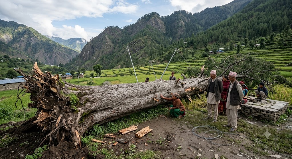 ढल्यो ४०० वर्ष पुरानो भनिएको जुम्लाको देवदारको रुख