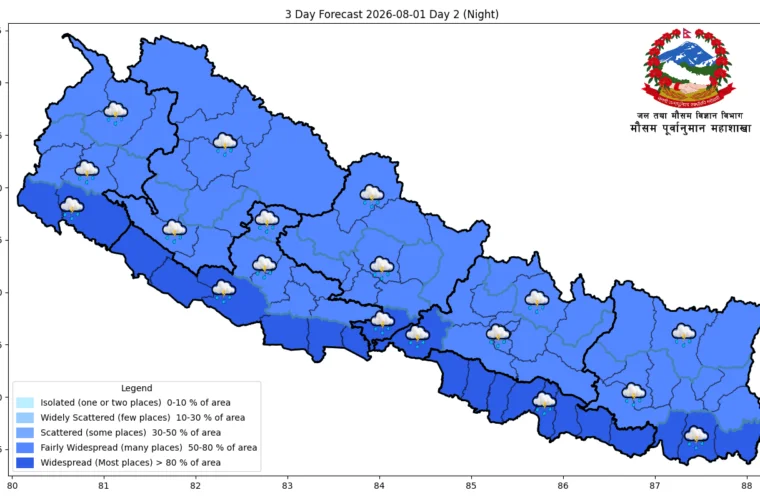 चार प्रदेशका पहाडी क्षेत्रमा आज भारी वर्षाको सम्भावना